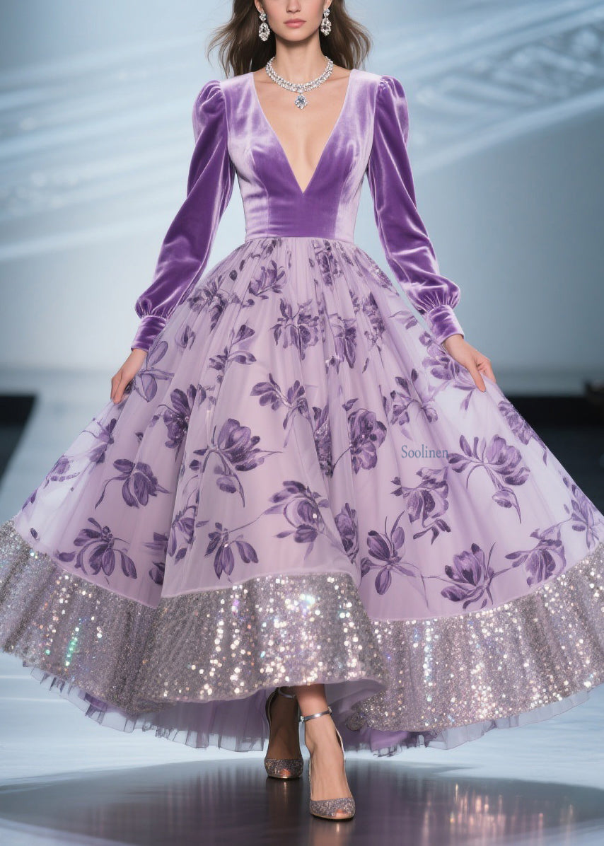 Art Purple Print Tulle Patchwork Silk Velvet Exra Large Hem Dress Spring