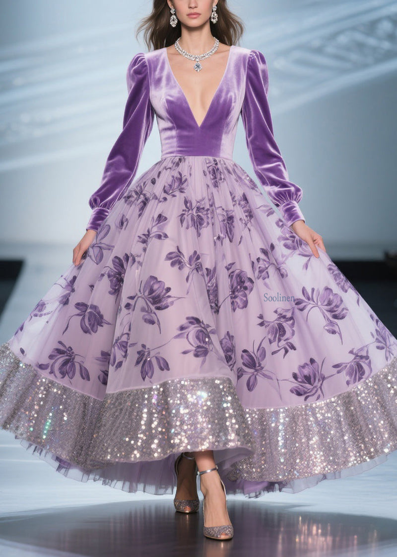 Art Purple Print Tulle Patchwork Silk Velvet Exra Large Hem Dress Spring