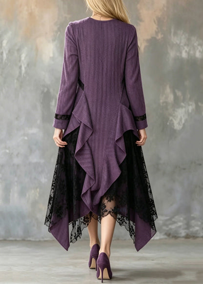 Art Purple Ruffled Asymmetrical Design Cotton Dress Fall