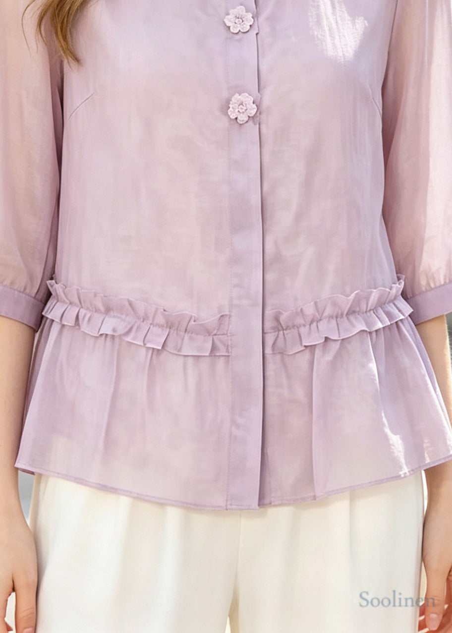 Art Purple Ruffled Cotton Shirt Half Sleeve