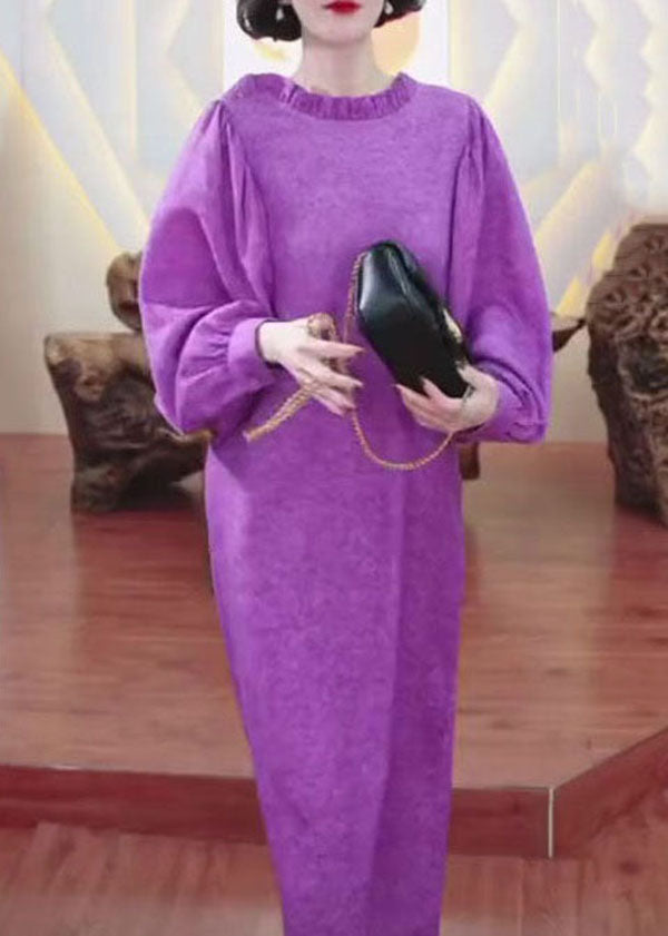 Art Purple Ruffled Patchwork Cotton Straight Dresses Long Sleeve