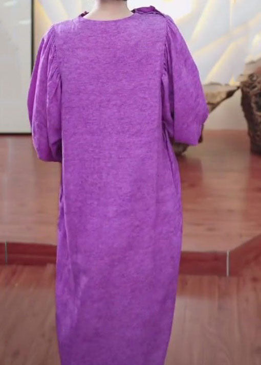 Art Purple Ruffled Patchwork Cotton Straight Dresses Long Sleeve