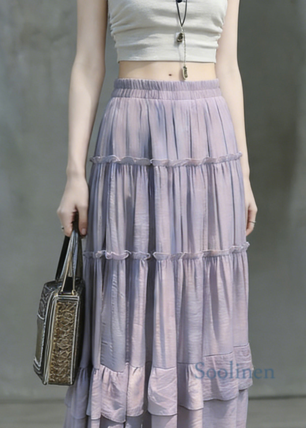 Art Purple Ruffled Patchwork Maxi Skirts