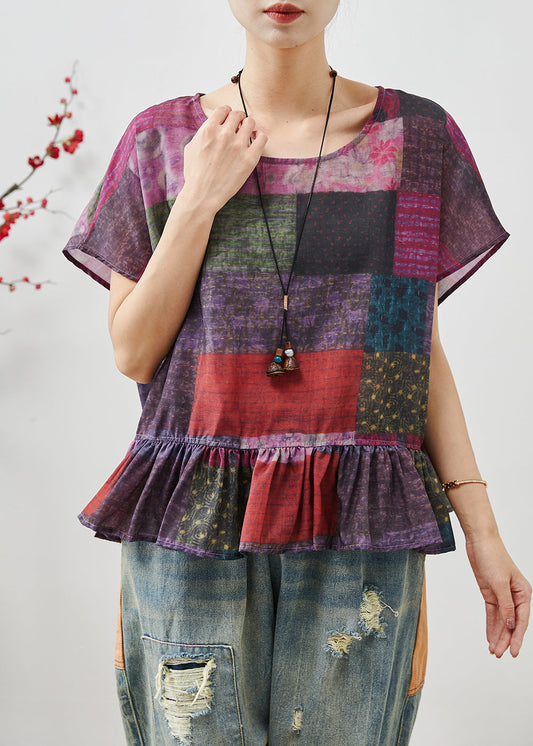Art Purple Tie Dye Ruffles Cotton Shirt Top Summer