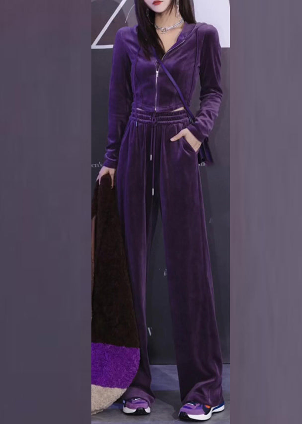 Art Purple Zippered Silk Velour Hooded Coats and Pants Two Pieces Set Long Sleeve