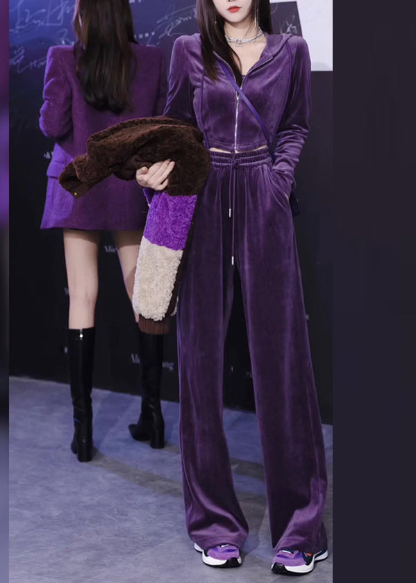 Art Purple Zippered Silk Velour Hooded Coats and Pants Two Pieces Set Long Sleeve
