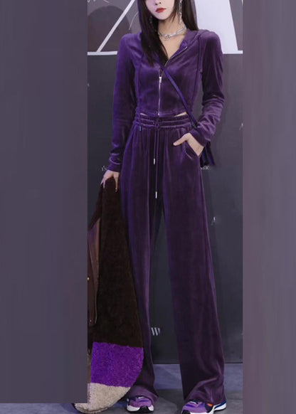 Art Purple Zippered Silk Velour Hooded Coats and Pants Two Pieces Set Long Sleeve