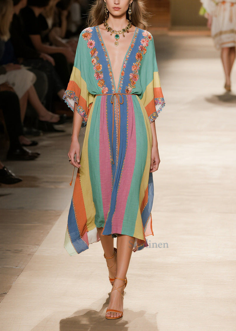 Art Rainbow V Neck Striped Cotton Maxi Dresses Summer