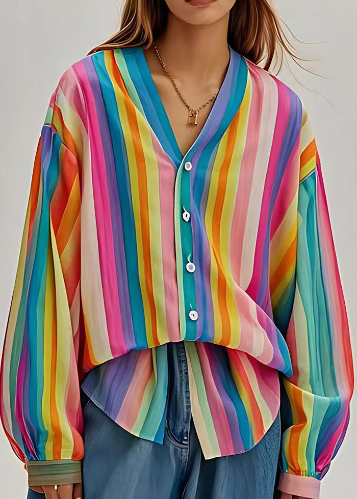 Art Rainbow V Neck Striped Linen Upf 50+ Top Summer