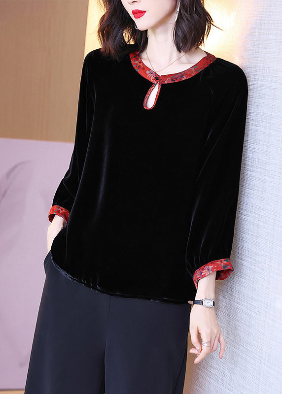 Art Red Edge O-neck Print Patchwork Button Velour Top Long Sleeve