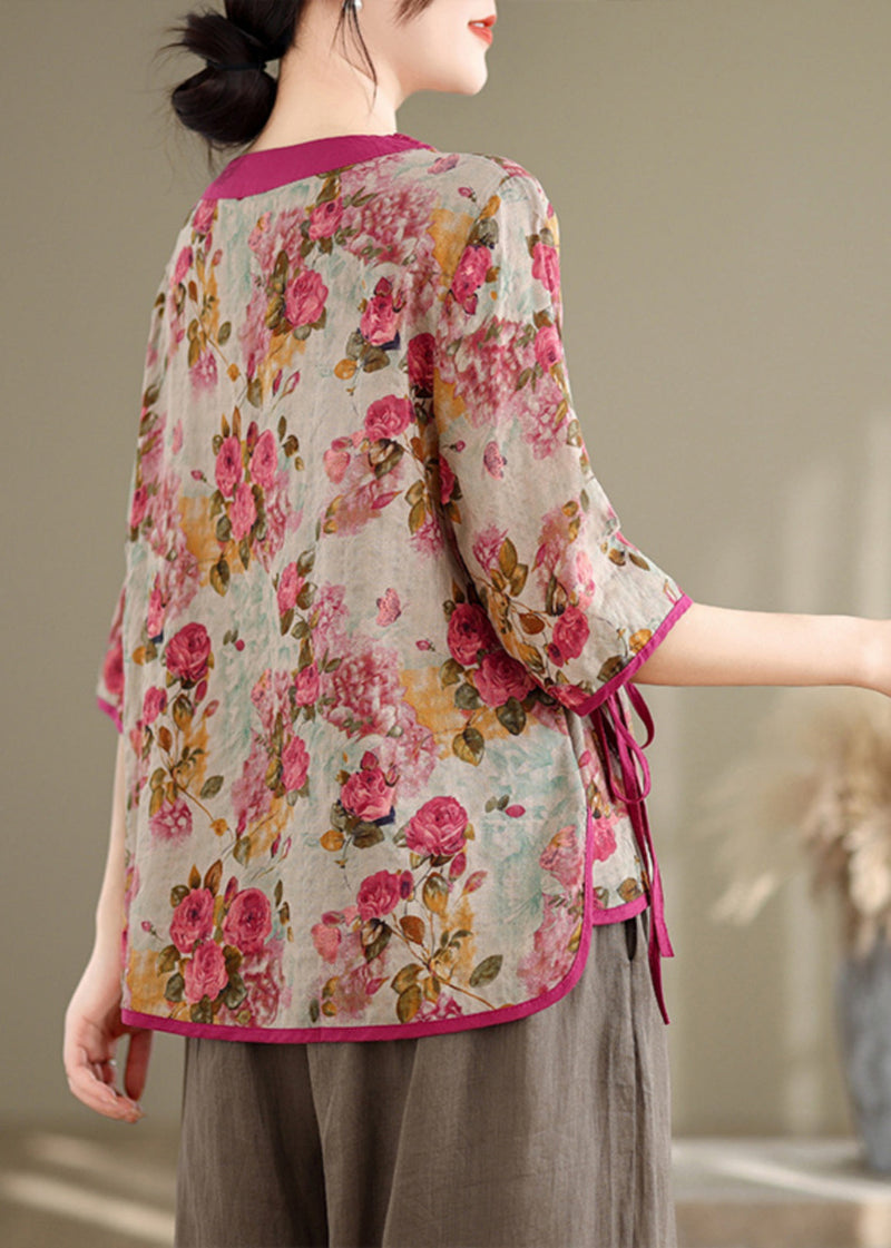 Art Red Embroidered Print Linen Top Half Sleeve