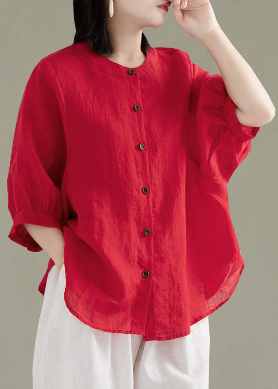 Art Print3 O-neck Button Linen Loose Shirt Top Lantern Sleeve