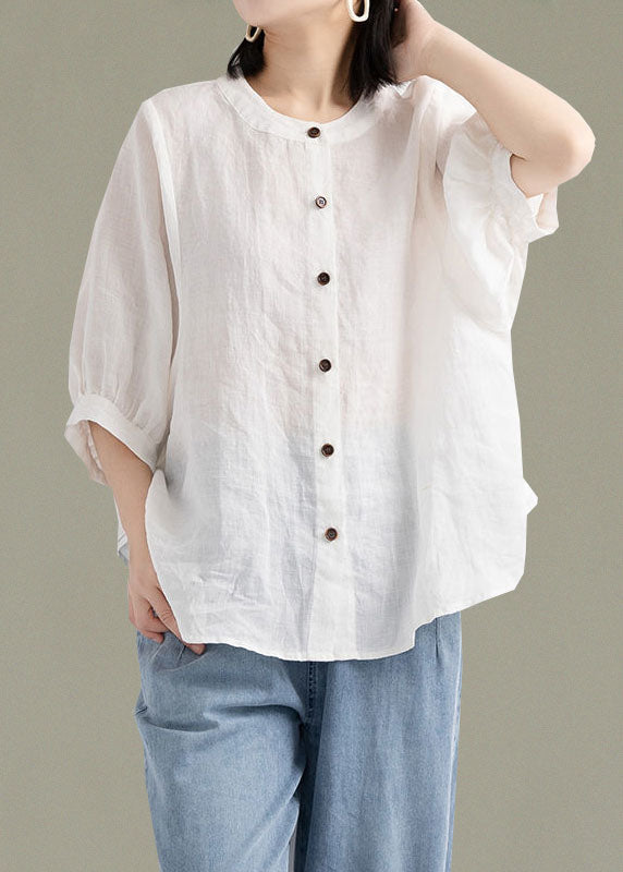 Art Print4 O-neck Button Linen Loose Shirt Top Lantern Sleeve