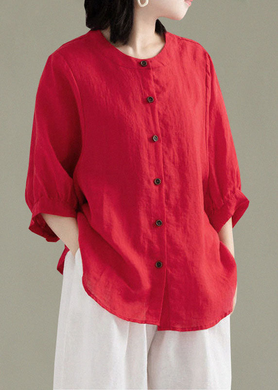 Art Print3 O-neck Button Linen Loose Shirt Top Lantern Sleeve
