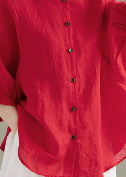 Art Print3 O-neck Button Linen Loose Shirt Top Lantern Sleeve