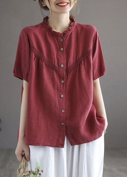 Art Red O-neck Embroideried Button Linen Shirt Lantern Sleeve