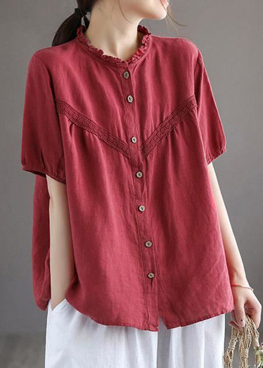 Art Red O-neck Embroideried Button Linen Shirt Lantern Sleeve