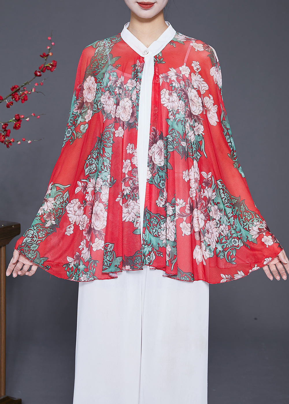 Art Red Oversized Print Chiffon Shirt Batwing Sleeve