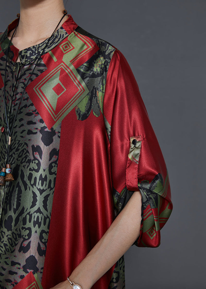 Art Red Oversized Print Silk Party Dress Fall