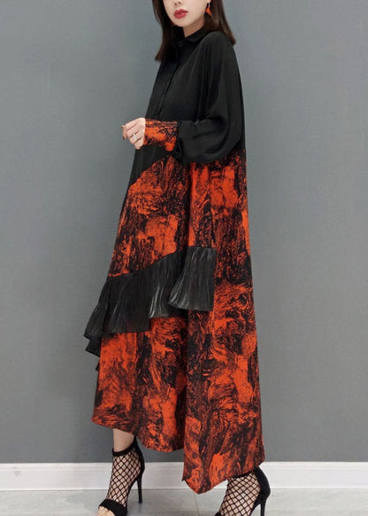 Art Red Peter Pan Collar Print Patchwork Vacation Dresses Spring