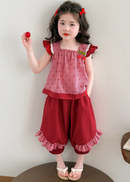 Art Red Plaid Patchwork Vest and Lantern Pants Two Piece Set Summer