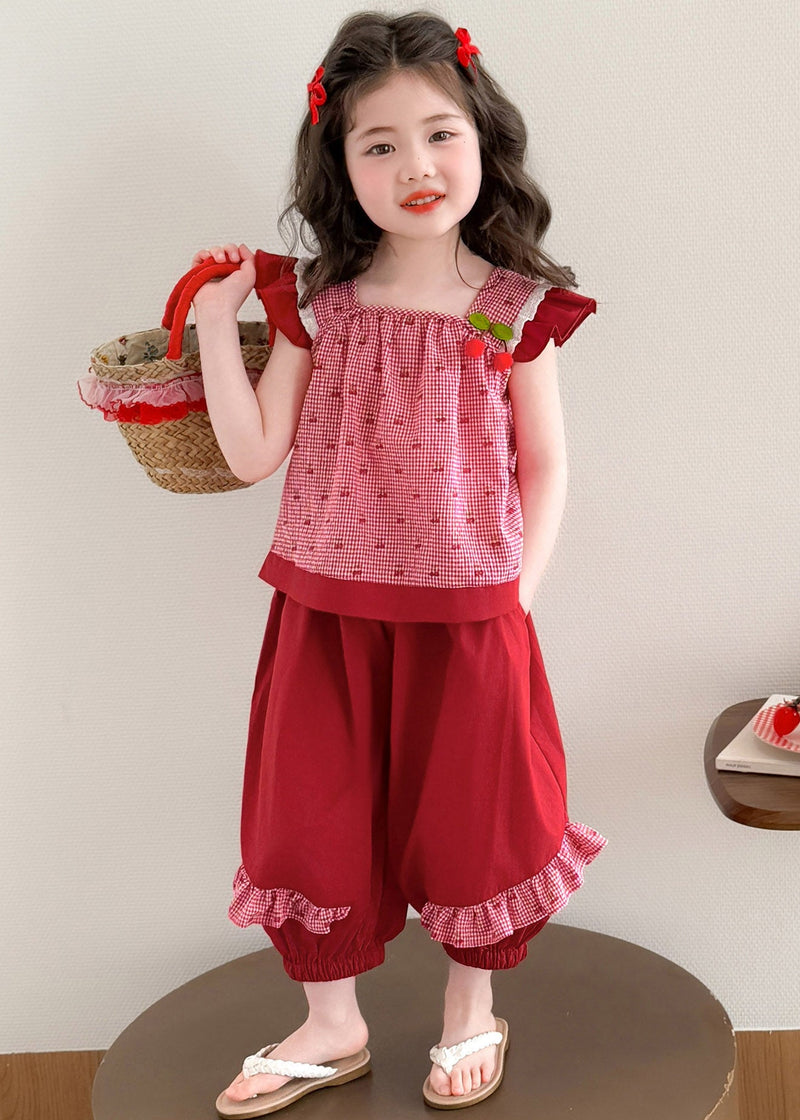Art Red Plaid Patchwork Vest and Lantern Pants Two Piece Set Summer