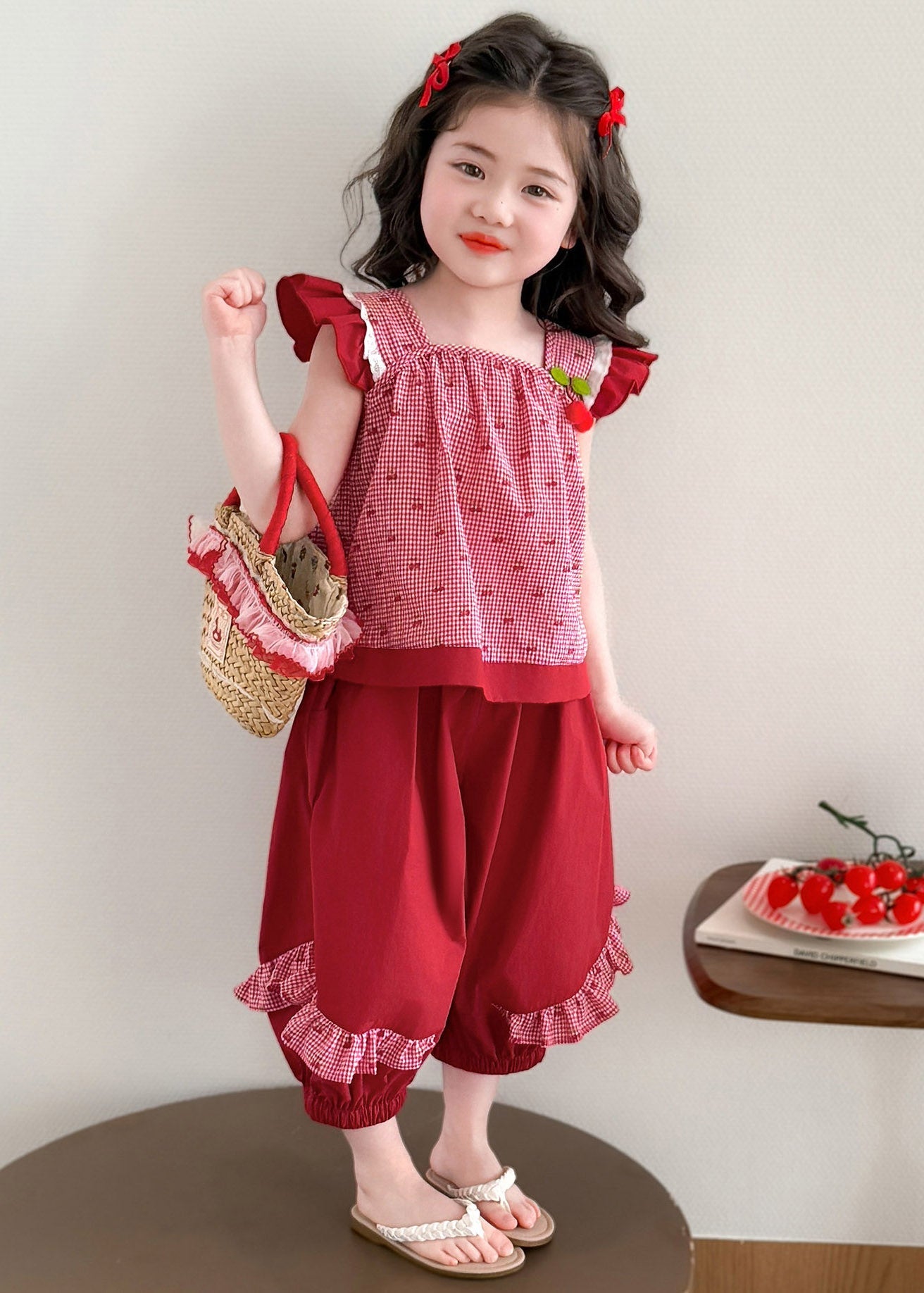 Art Red Plaid Patchwork Vest and Lantern Pants Two Piece Set Summer