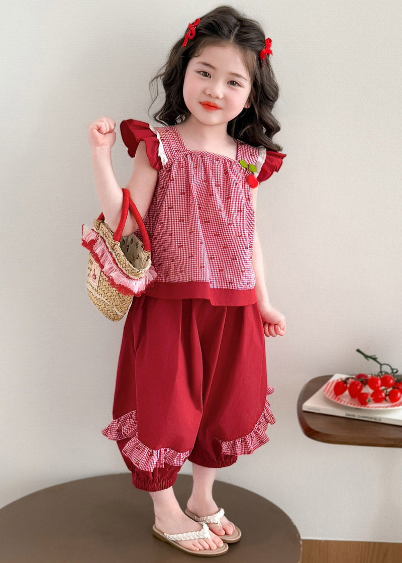 Art Red Plaid Patchwork Vest and Lantern Pants Two Piece Set Summer