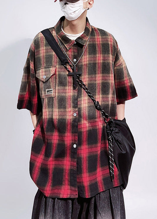 Art Red Plaid Pockets Oversized Cotton Shirts Half Sleeve