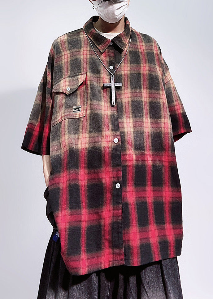 Art Red Plaid Pockets Oversized Cotton Shirts Half Sleeve