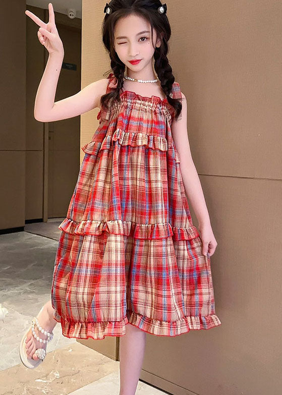 Art Red Plaid Ruffled Bow Patchwork Cotton Kids Dresses Summer