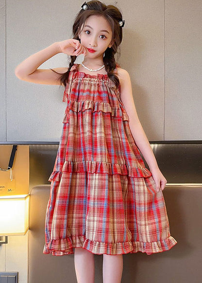 Art Red Plaid Ruffled Bow Patchwork Cotton Kids Dresses Summer