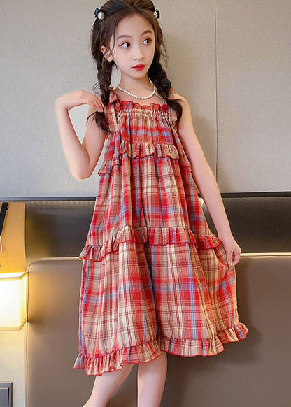Art Red Plaid Ruffled Bow Patchwork Cotton Kids Dresses Summer