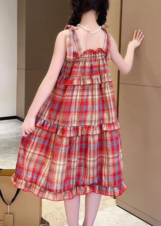 Art Red Plaid Ruffled Bow Patchwork Cotton Kids Dresses Summer