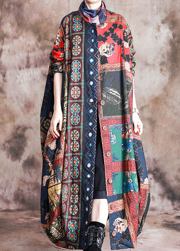 Art Red Print Button Patchwork Asymmetrical Design Fall Coats Long Sleeve