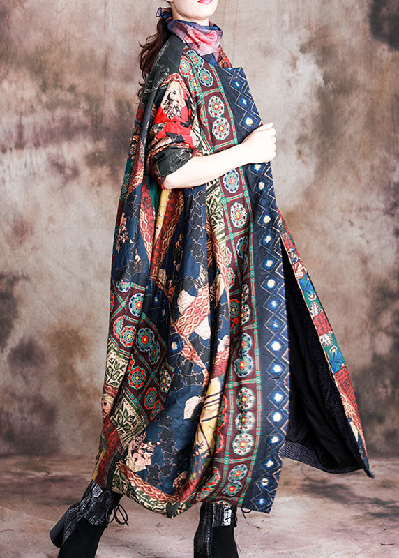 Art Red Print Button Patchwork Asymmetrical Design Fall Coats Long Sleeve