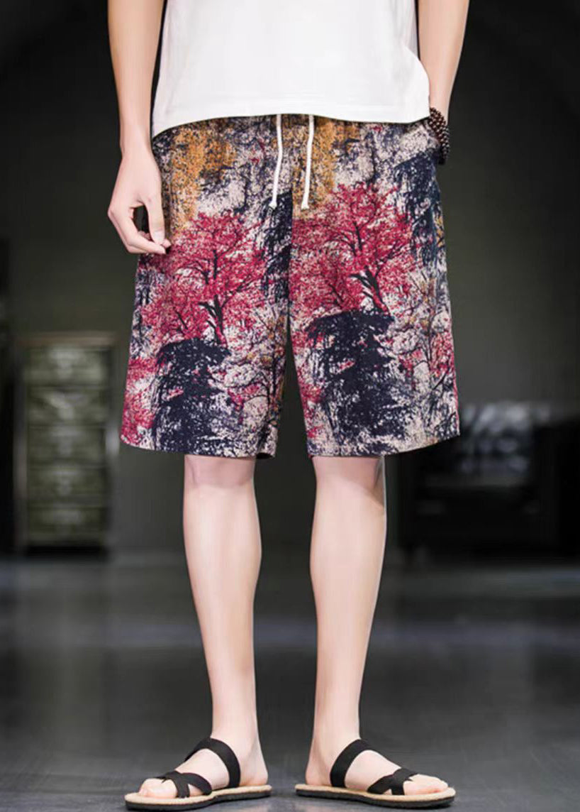 Art Red Print Elastic Waist Cotton Pants Summer