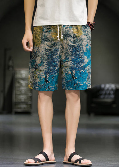 Art Red Print Elastic Waist Cotton Pants Summer