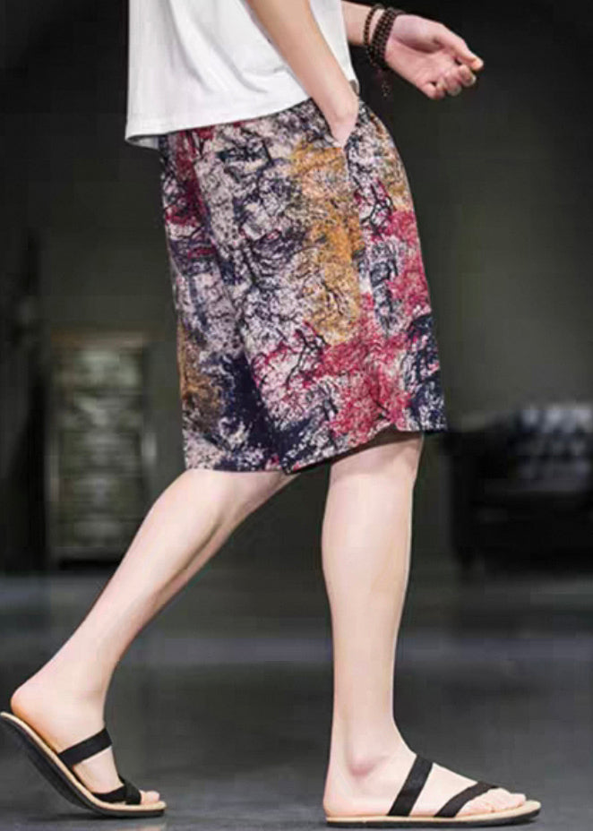 Art Red Print Elastic Waist Cotton Pants Summer