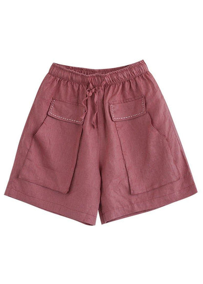 Art Red Tie Waist Patchwork Summer Hot Pants Linen