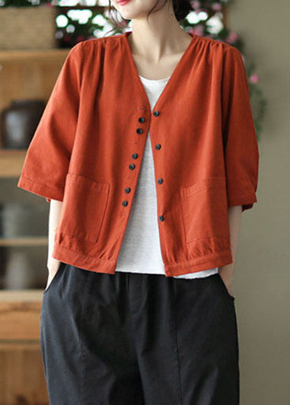Art Red V Neck Button Pockets Color Cotton Coats Bracelet Sleeve