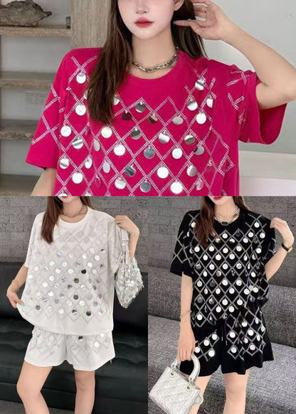 Art Rose Sequins Oversized Cotton Tanks and Shorts Two Pieces Set Summer