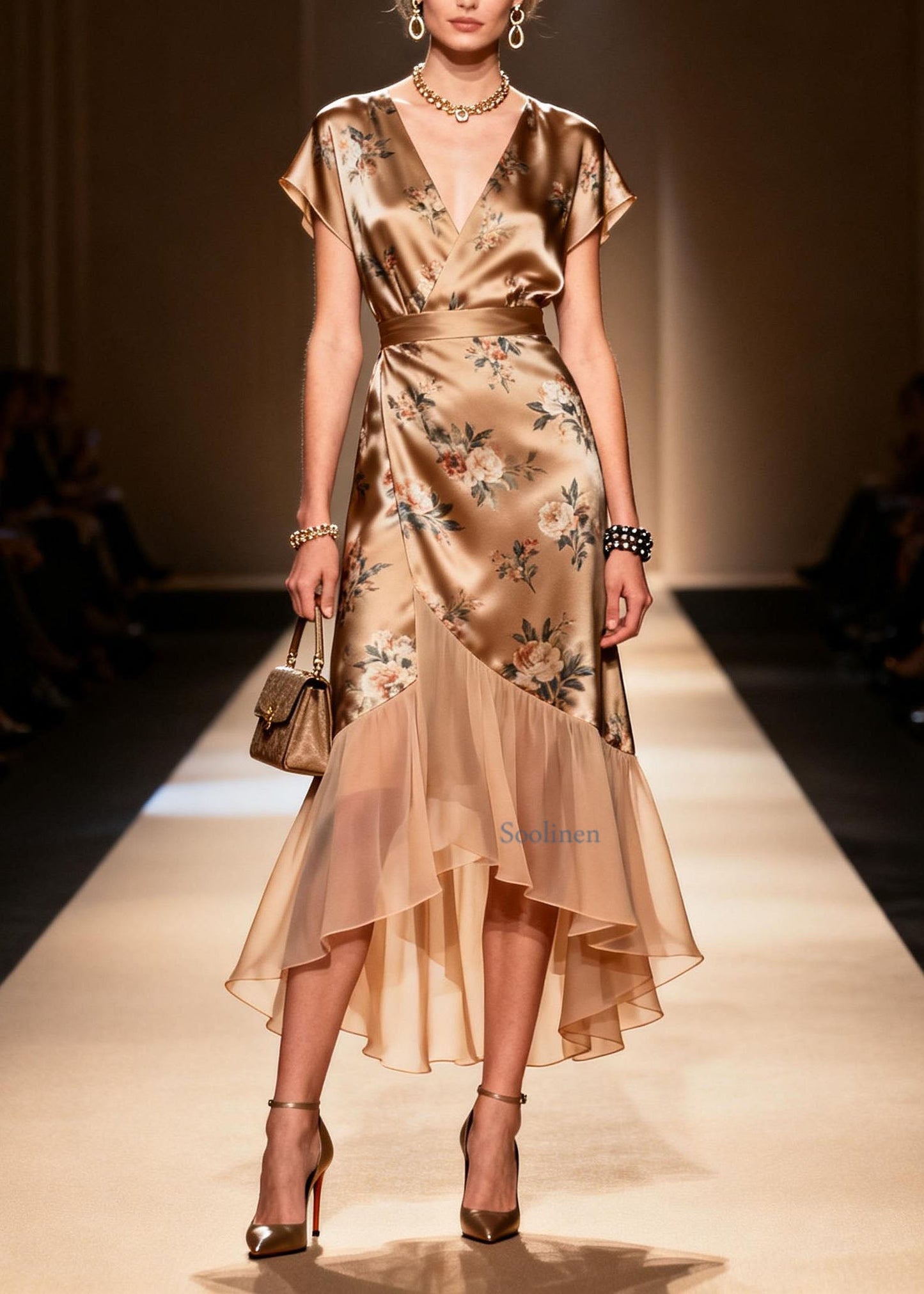 Art Ruffled Asymmetrical Print Patchwork Silk Dress Summer