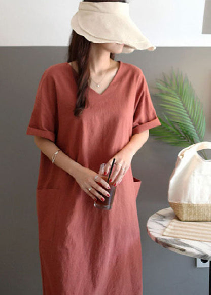 Art Rust V Neck Pockets Patchwork Linen Dresses Summer