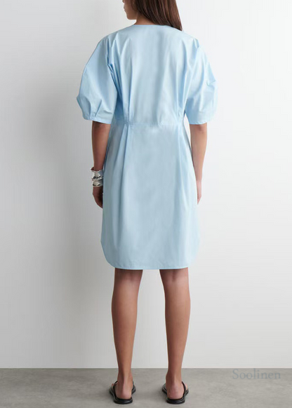Art Sky Blue Puff Sleeve Cotton Work Dress Summer