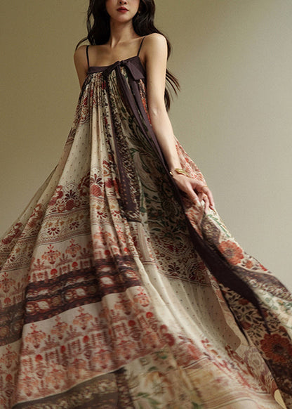 Art Slash Neck Patchwork Long Spaghetti Strap Dress Sleeveless