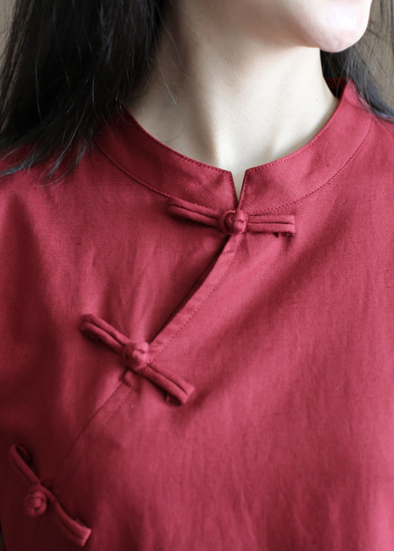 Art Mulberry Stand Collar Cinched Pockets Linen Mid Dress Short Sleeve