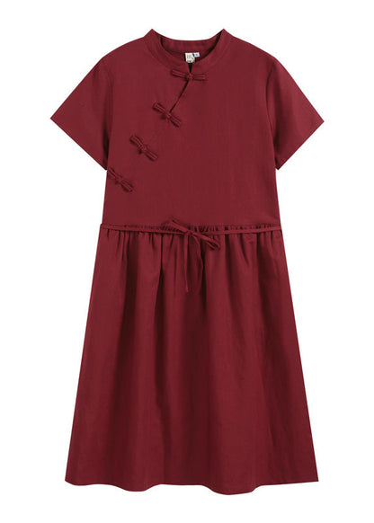 Art Mulberry Stand Collar Cinched Pockets Linen Mid Dress Short Sleeve