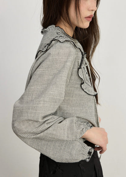 Art Striped Embroidered Lace Up Cotton Blouses Spring
