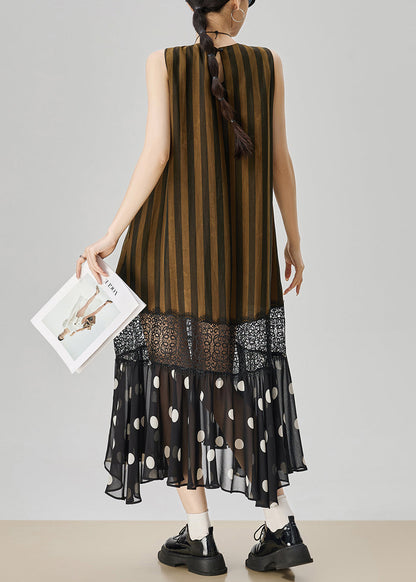 Art Striped Hollow Out Lace Patchwork Long Dresses Sleeveless